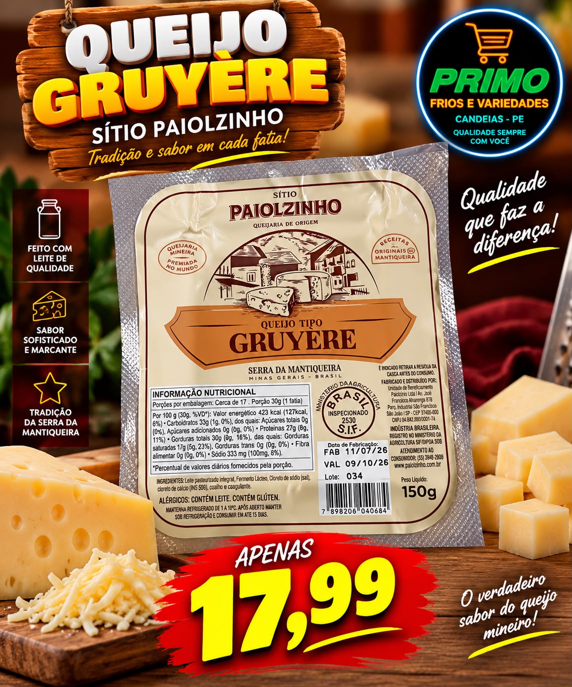 Arte da oferta: Queijo Gruyère Sítio Paiolzinho 150g