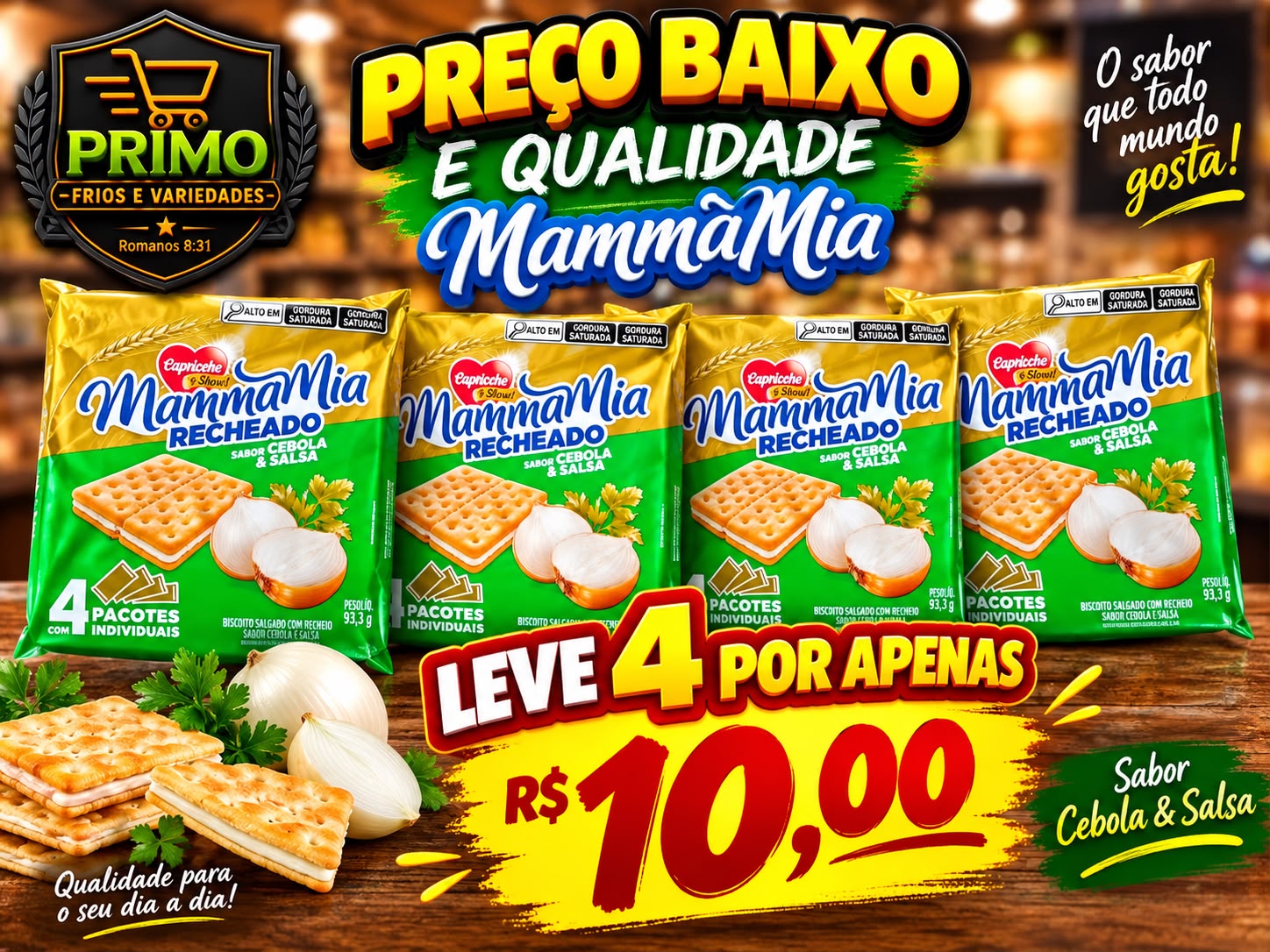 Arte da oferta: Biscoito Mamma Mia Recheado Sabor Cebola & Salsa Leve 4