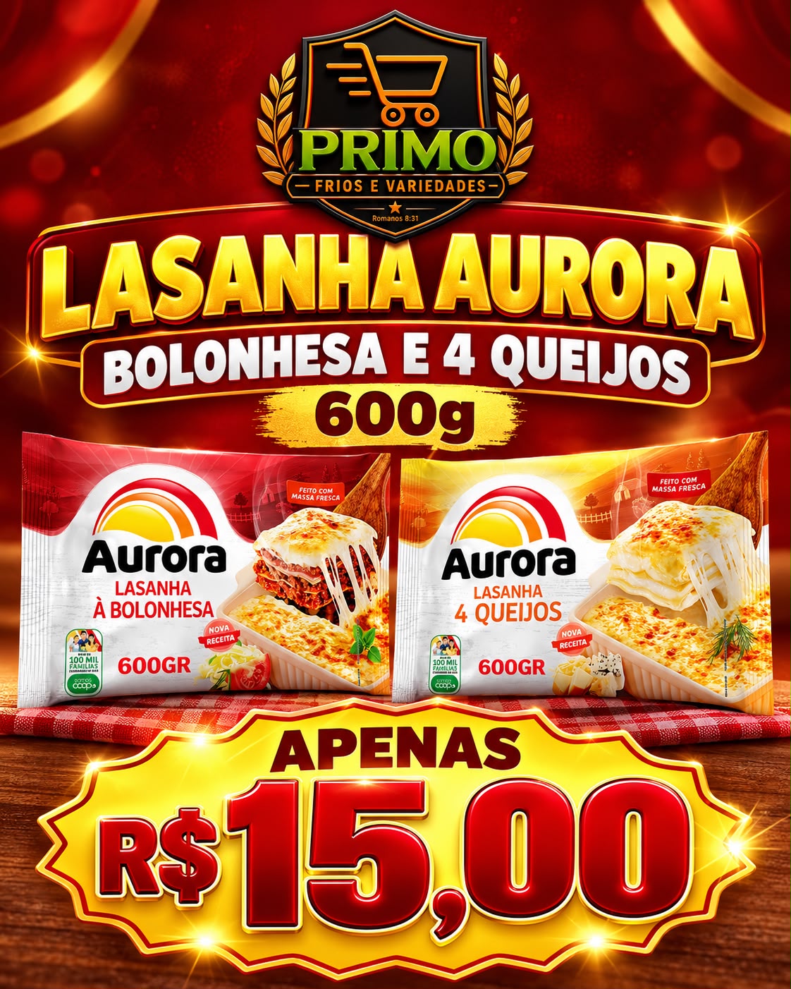 Arte da oferta: Lasanha Aurora Bolonhesa e 4 Queijos 600g