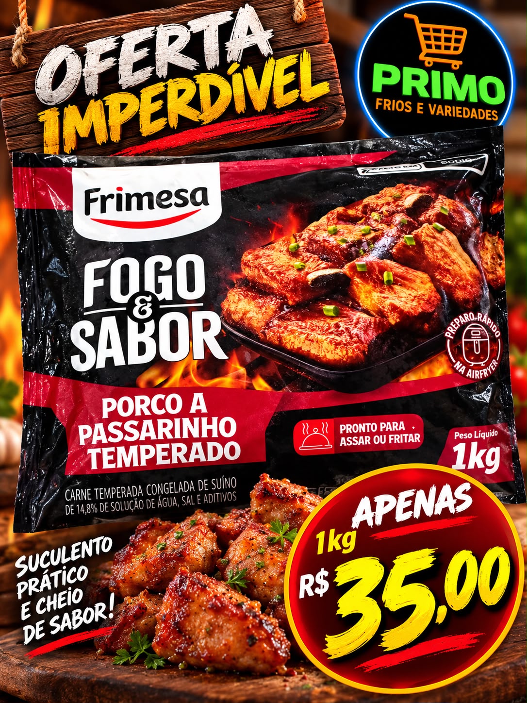 Arte da oferta: Porco a Passarinho Temperado Fogo e Sabor Frimesa 1kg