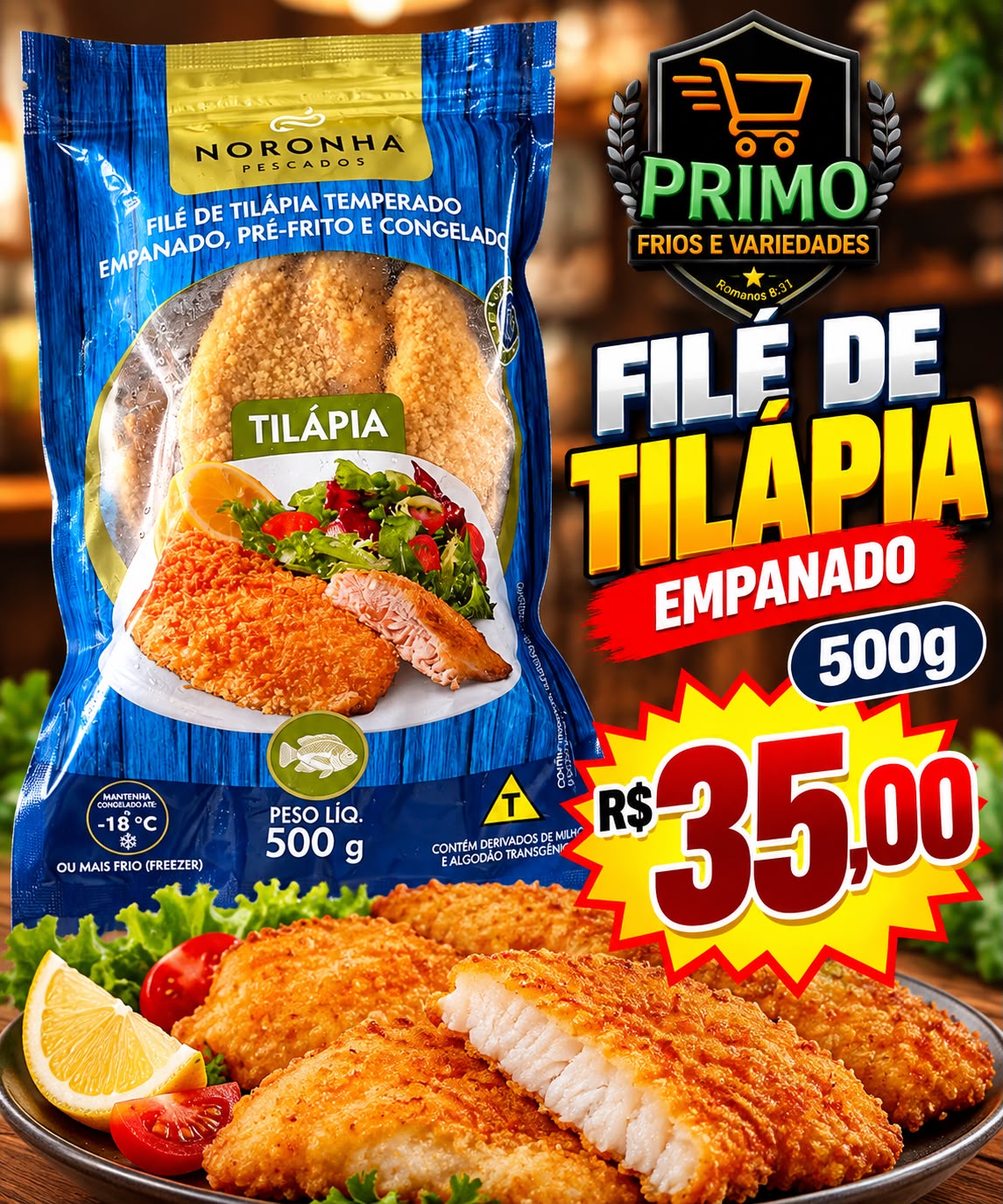 Arte da oferta: Filé de Tilápia Empanado 500g